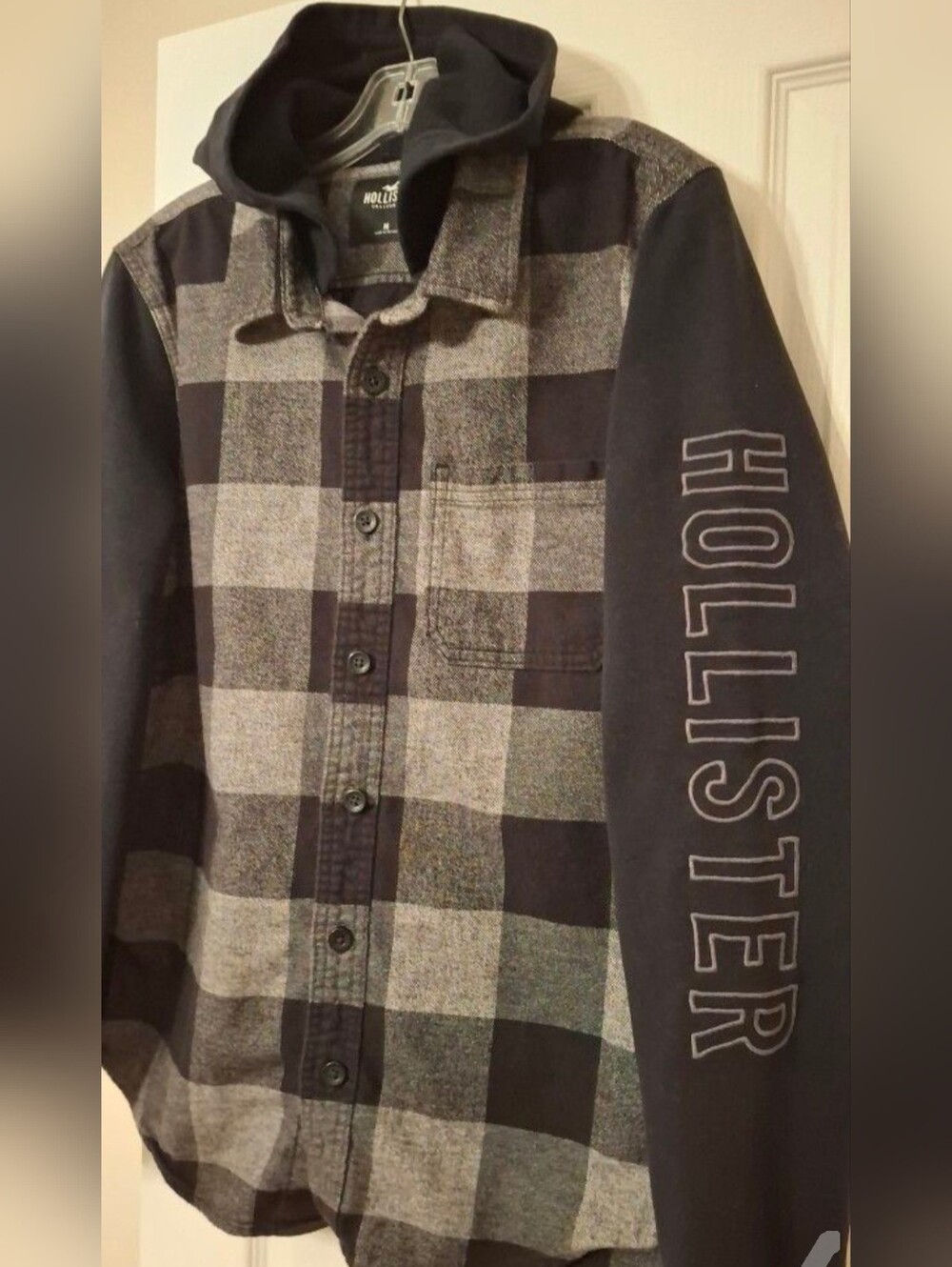 Hollister Black Plaid Shirt with Hooded Layer
